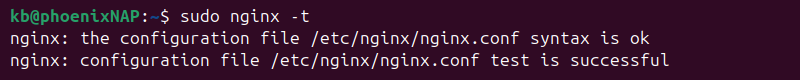 sudo nginx -t terminal output