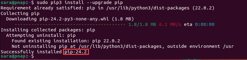 sudo pip3 install --upgrade pip terminal output