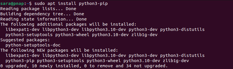 sudo apt install python3-pip terminal output