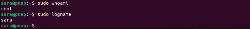 sudo whoami and sudo logname terminal output