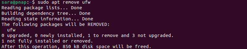 terminal output for sudo apt remove ufw