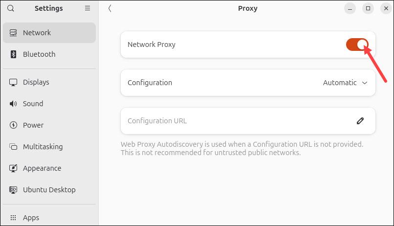 Ubuntu 26.04 network settings on GUI, Network Proxy switch on