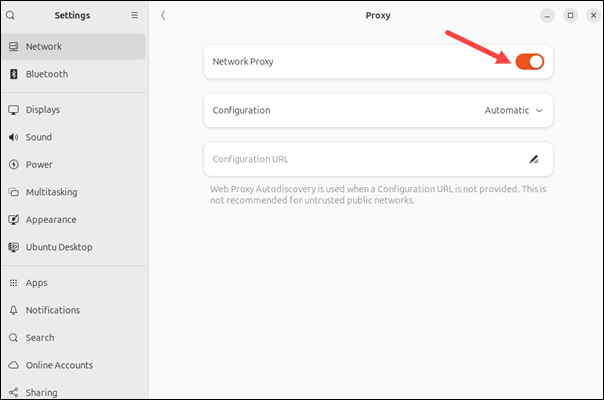 Ubuntu 24.04 network settings on GUI, Network Proxy switch on