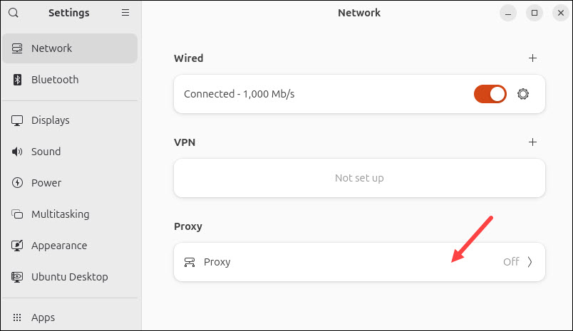 Ubuntu 26.04 network settings on GUI, Proxy tab