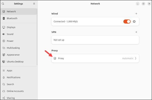 Ubuntu 24.04 network settings on GUI, Proxy tab