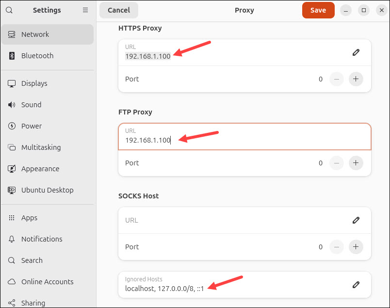 Ubuntu 26.04 URL port and ignored hosts list GUI