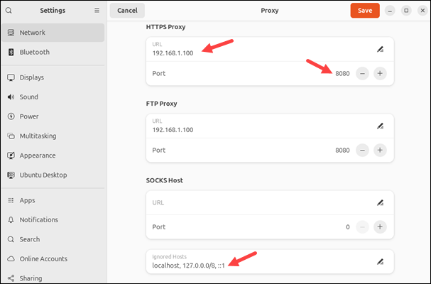 Ubuntu 24.04 URL port and ignored hosts list GUI