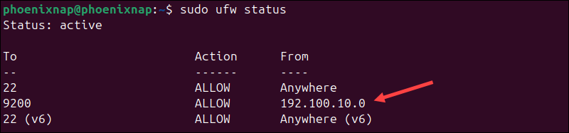 The UFW service status in Ubuntu.