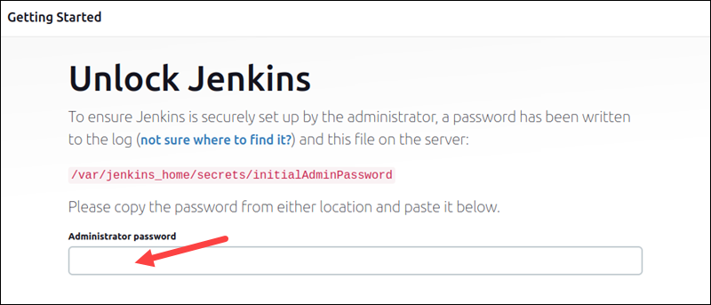 Unlock Jenkins dialog and the location of the password text box.