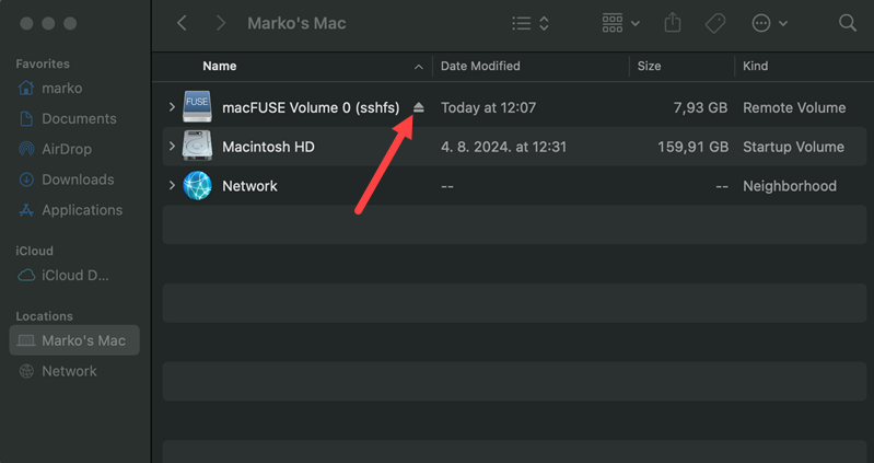 Ejecting the remote volume from Finder.