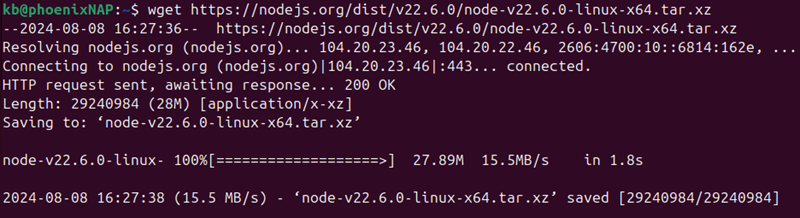 wget nodejs 22.6.0 binary download terminal output