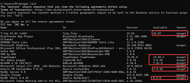 winget list command prompt output