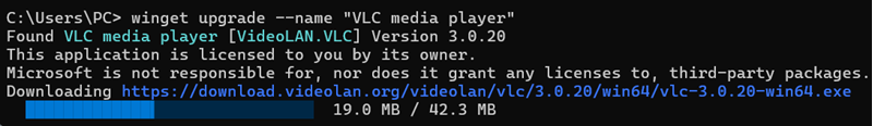 winget upgrade --name command prompt output