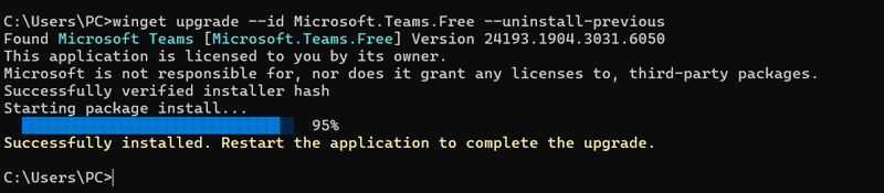 winget upgrade --id Microsoft.Teams.Free --uninstall-previous command prompt output