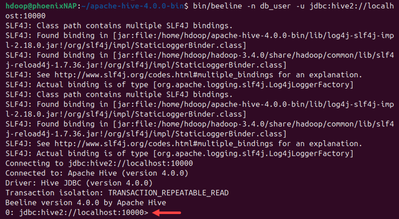 beeline hive2 localhost connection output