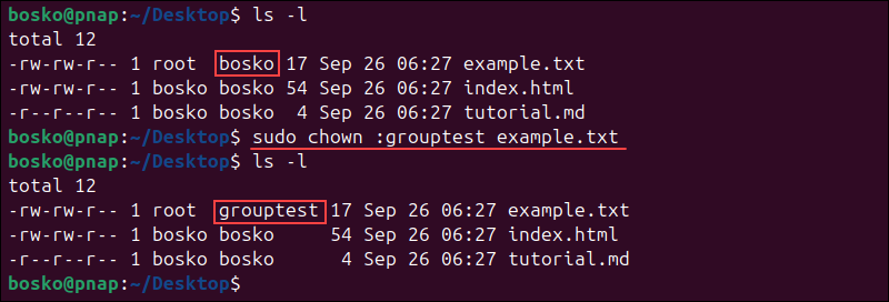 Changing group of a file or directory with chown command.