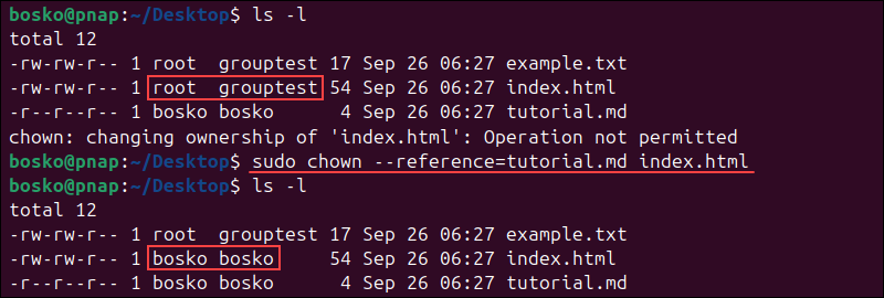 Changing a file's ownership and group using a reference file.