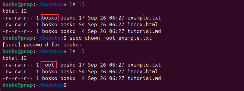 Changing the file owner in Linux with chown.