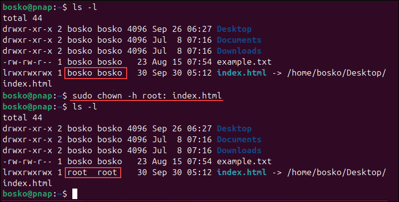 Changing the owner and group of a symbolic link in Linux.