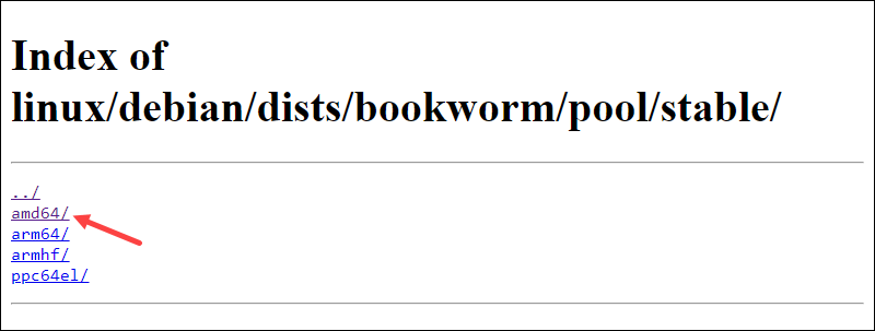 The contents of the linux/debian/dists/bookworm/pool/stable directory on Docker's official website.