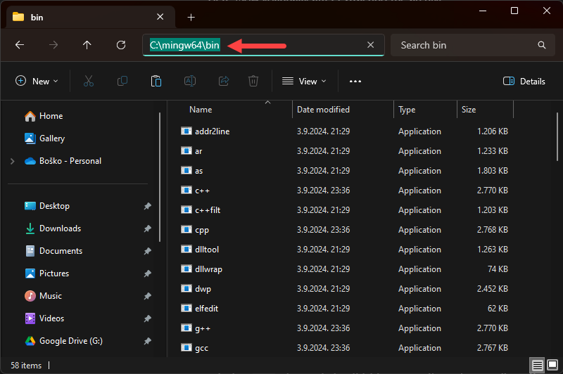 Copying the mingw64 folder path.