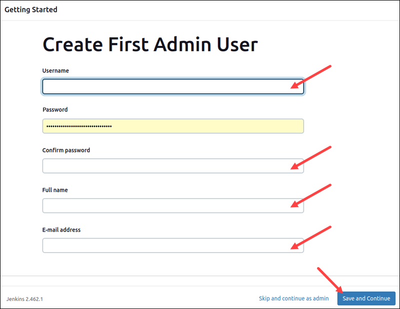 Creating the first admin user.