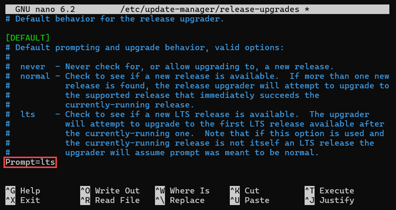 Editing the release-upgrades file on Ubuntu 22.04.