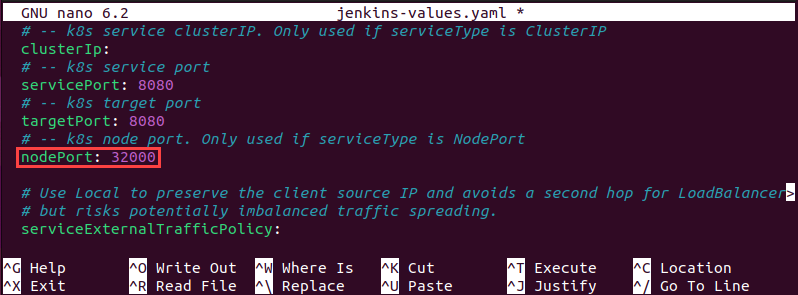 Editing the nodePort item in the jenkins-values YAML file.