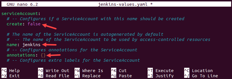 Editing the serviceAccount item in the jenkins-values YAML file.