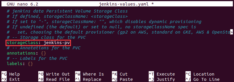 Editing the storageClass item in the jenkins-values YAML file.