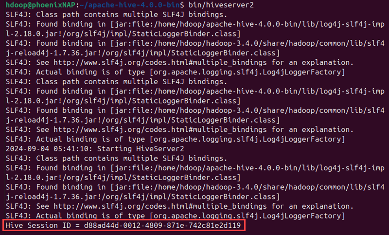 hiveserver2 start hive session id terminal output
