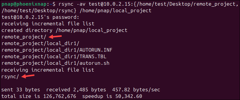 Copy multiple directories or files from a remote server using the rsync command.