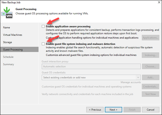 New backup job guest processing