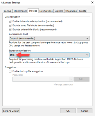 New backup job storage advanced settings storage optimization