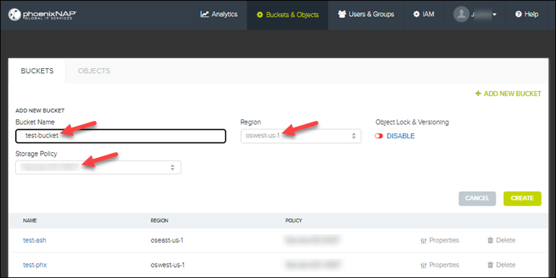 New bucket data: name, region, and storage policy UI