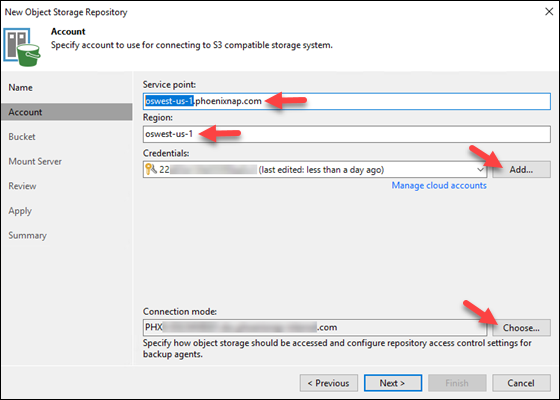 New object storage repository service point, region, credentials, and connection mode