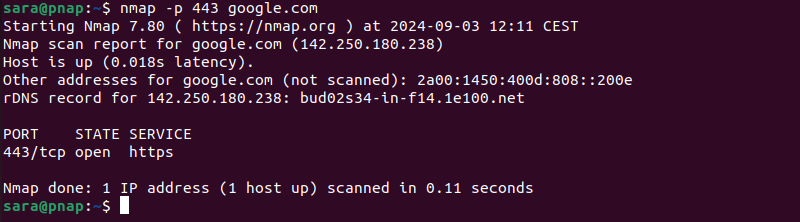 nmap -p 443 google.com terminal output.