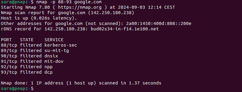 nmap -p 88-93 google.com terminal output.