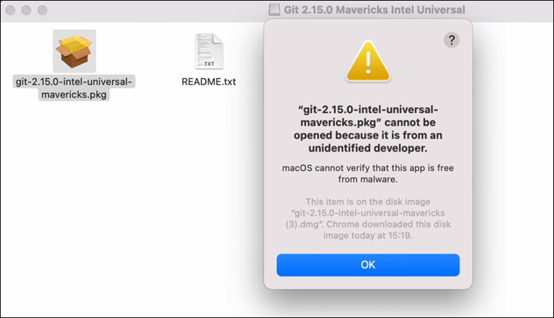 Opening the Git GUI installer in macOS.