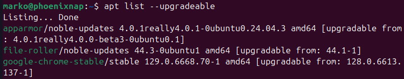 A list of upgradeable packages in Ubuntu.