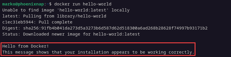 The output of the hello-world Docker container.