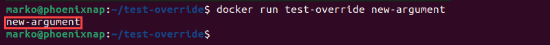 A new argument provided on runtime overrides the value supplied by the CMD directive.