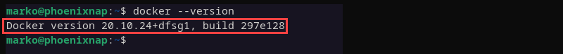 The installed Docker version in the output of the docker --version command.