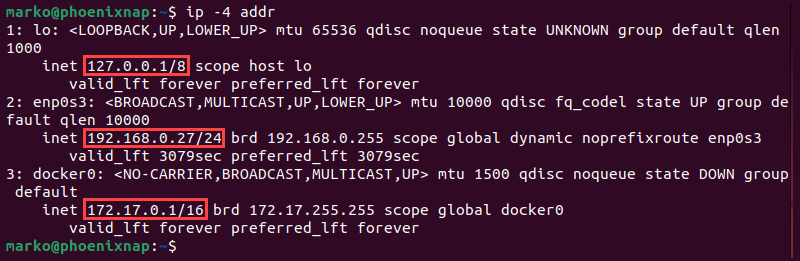 The ip addr command shows information about IPv4 networks.