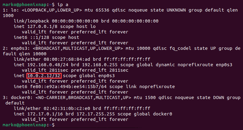 The ip a command shows that an IP address has been added to a device.