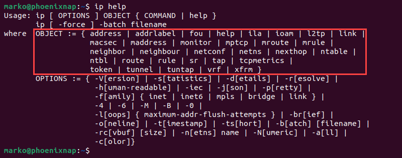 The output of the main ip help command.