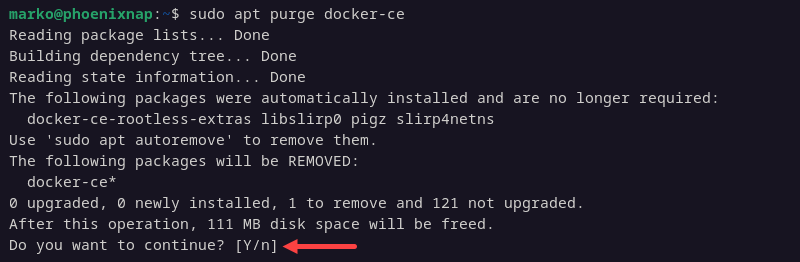 Uninstalling docker with apt purge.