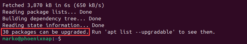 APT package manager output showing that 30 packages on the system can be upgraded.