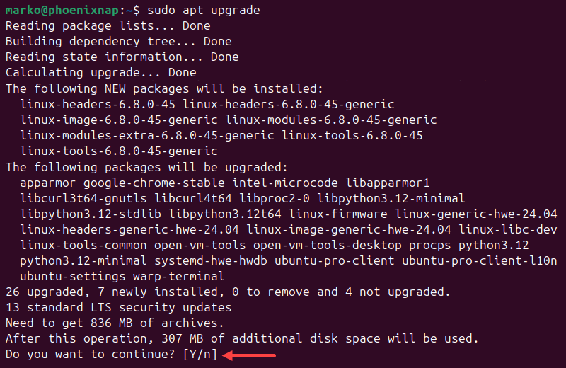 Upgrading packages on Ubuntu with sudo apt upgrade.