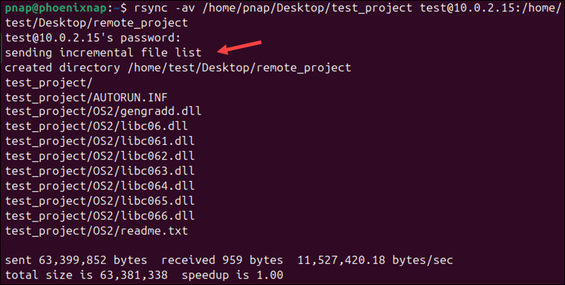 Using rsync to transfer a directory to a remote server.